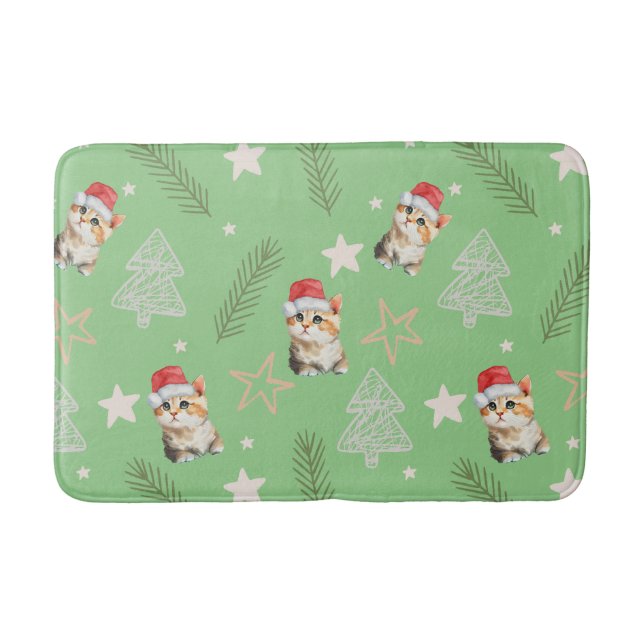 Green watercolor kitten cat Santa Merry christmas  Bath Mat (Front)