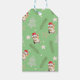 Green watercolor kitten cat Santa Merry Christmas Gift Tags