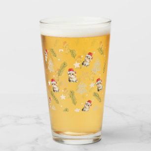 Green watercolor kitten cat Santa Merry Christmas Glass