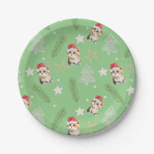 Green watercolor kitten cat Santa Merry Christmas Paper Plate