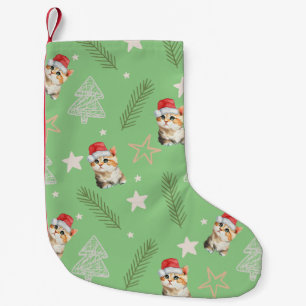 Green watercolor kitten cat Santa Merry Christmas Small Christmas Stocking