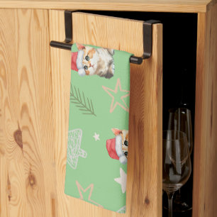 Green watercolor kitten cat Santa Merry Christmas Tea Towel
