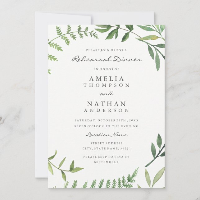Green Watercolor Leaf Rehearsal Dinner Invitation (Front)