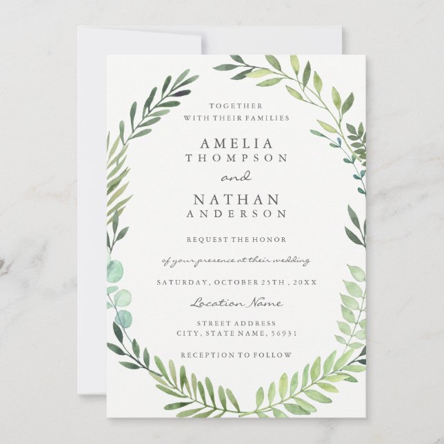 Green Watercolor Leaf Wreath Wedding Invitation (Front)