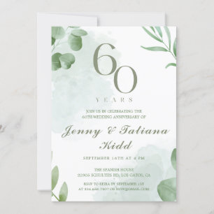 Green Watercolor Leaves 60th Wedding Anniversary  Invitation