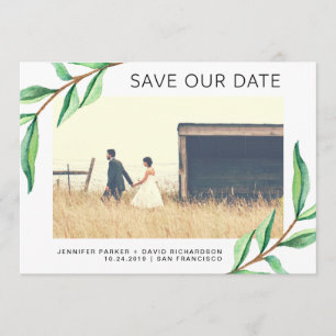 Green Watercolor Leaves and Photo Save the Date