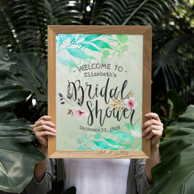 Green Watercolor Leaves Chic Bridal Shower Welcome Poster (Creator Uploaded)