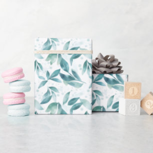 Green Watercolor Leaves on White  Wrapping Paper
