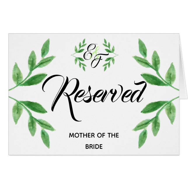 Green Watercolor Leaves Reserved Seat Wedding Sign (Front Horizontal)