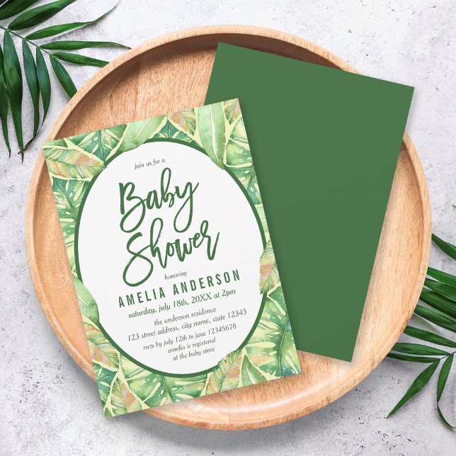 Green Watercolor Leaves Tropical Baby Shower Invitation (Creator Uploaded)