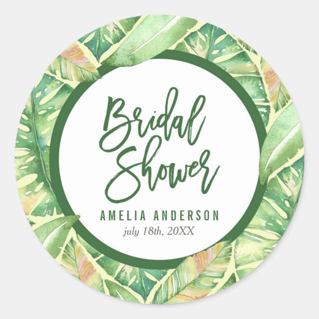 Green Watercolor Leaves Tropical Bridal Shower Classic Round Sticker (Front)