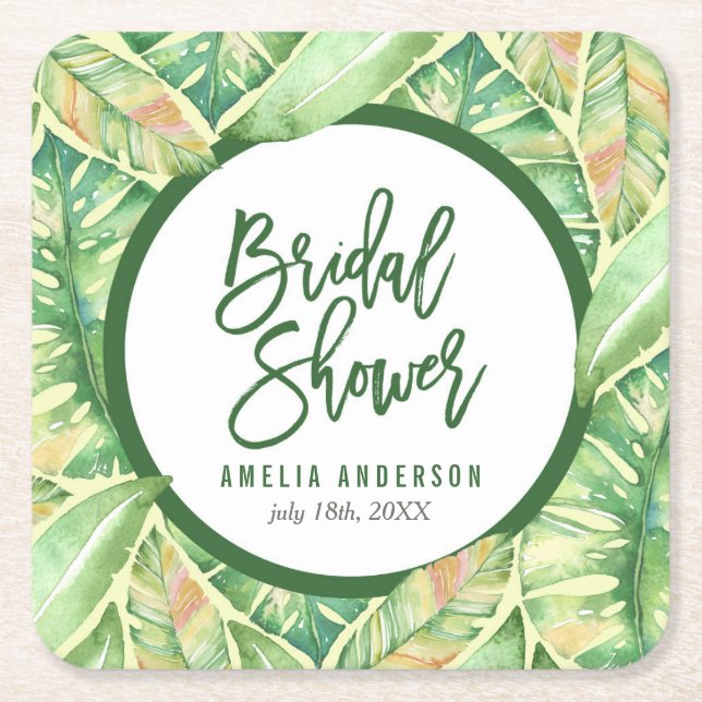 Green Watercolor Leaves Tropical Bridal Shower Square Paper Coaster (Front)
