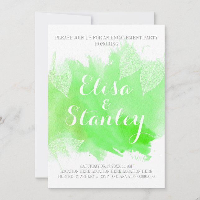 Green watercolor & leaves wedding engagement party invitation (Front)
