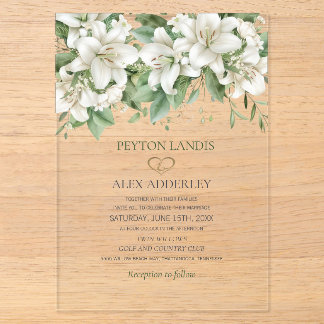 Green Watercolor Leaves White Floral Gold Wedding Acrylic Invitations