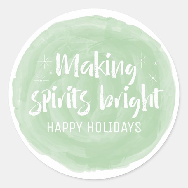 Green Watercolor Making Spirits Bright Holiday Classic Round Sticker (Front)
