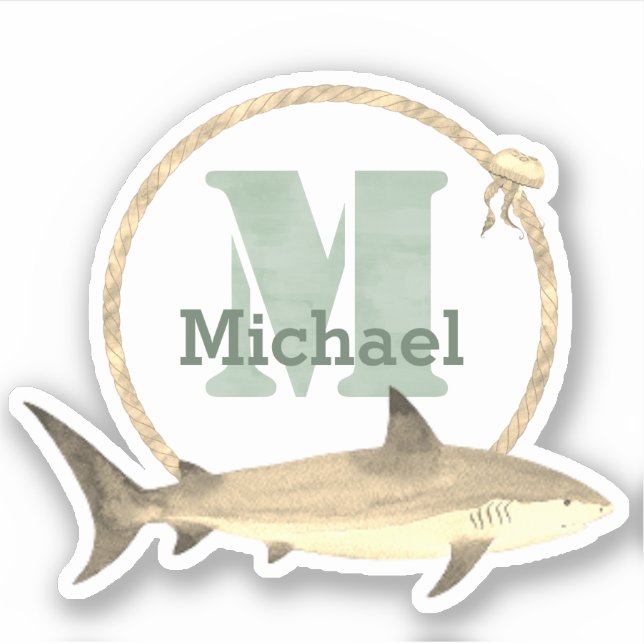 Green Watercolor Monogram, Name and Sepia Shark (Front)
