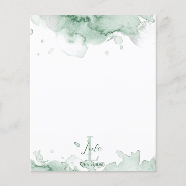 Green Watercolor Monogram & Name Stationery (Front)