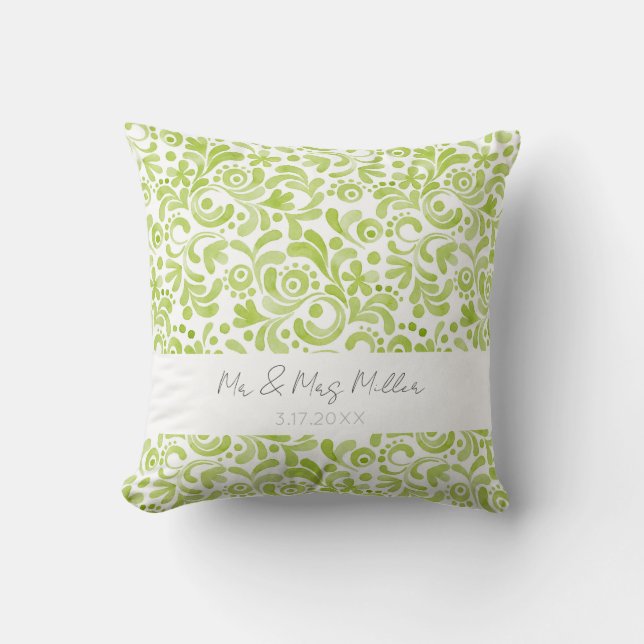 Green Watercolor Mr&Mrs NAME Wedding DATE Elegant Cushion (Front)