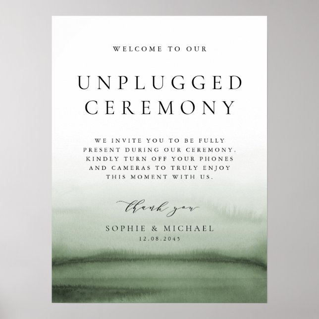 Green Watercolor Ombre Unplugged Wedding Ceremony Poster (Front)