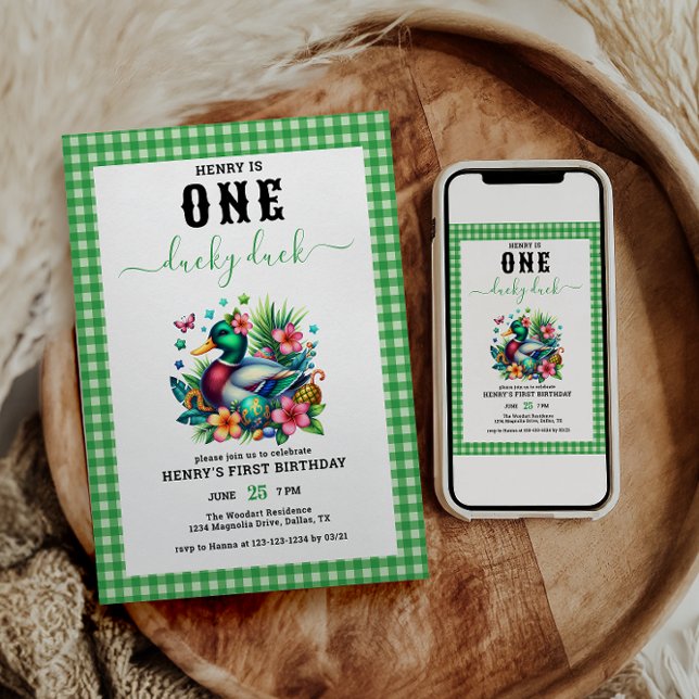 green Watercolor One Lucky Duck Boy 1st Birthday Invitation (Creator Uploaded)