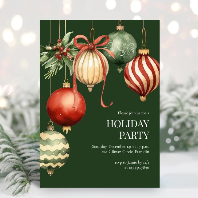 Green Watercolor Ornaments Holiday Christmas Party Invitation (Creator Uploaded)