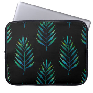 Green watercolor palm leaves on a black background laptop sleeve