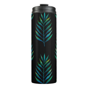 Green watercolor palm leaves on a black background thermal tumbler