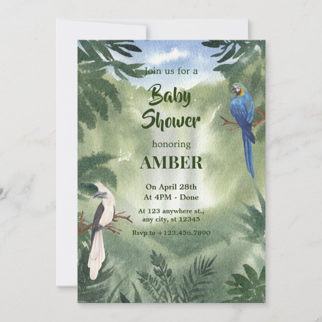 Green Watercolor Parrot Forest jungle baby shower Invitation (Front)