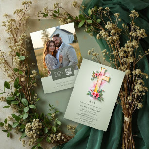 Green Watercolor Pastel Floral Cross-Shape Wedding Invitation