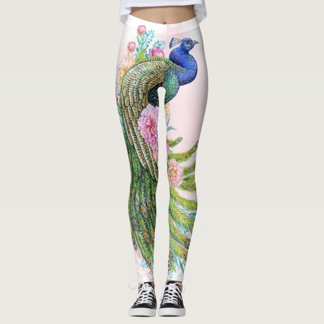 Green Watercolor Peacock Beauty – Elegant Artistic Leggings (Front)