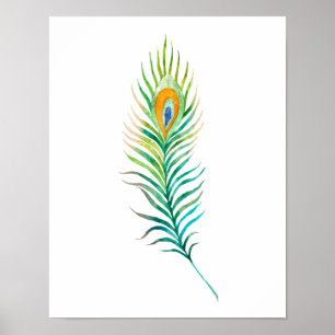 Green watercolor peacock feather  poster
