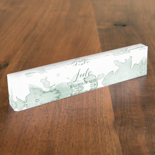 Green Watercolor Personalised Desk Name Plate (Side)