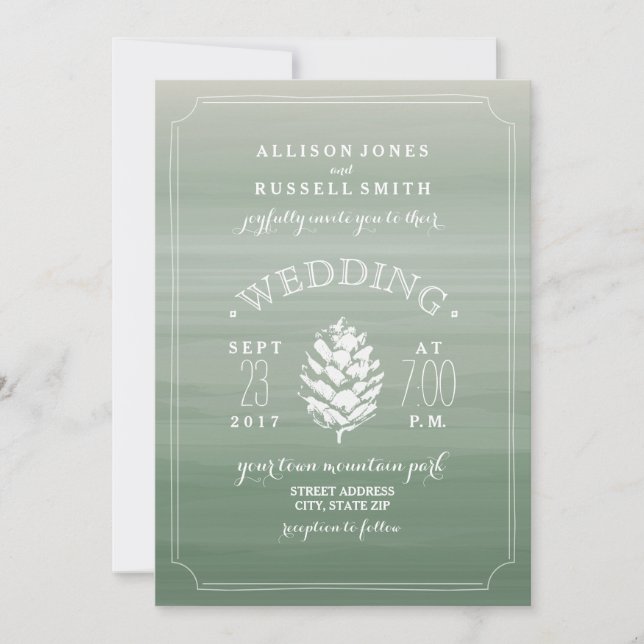 Green Watercolor & Pine Cone Rustic Wedding Invitation (Front)