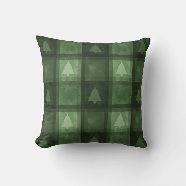Green Watercolor Plaid And Fir Trees Christmas Cushion (Front)