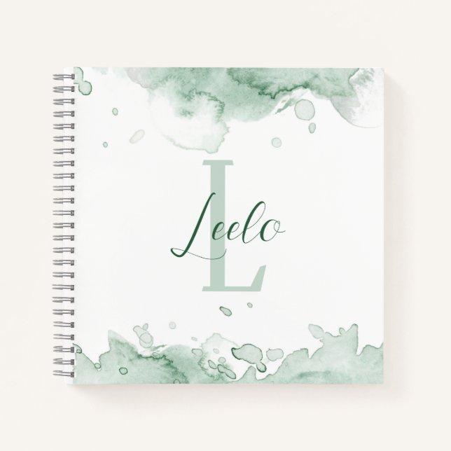 Green Watercolor Pretty Personalised Sketch Notebook (Front)