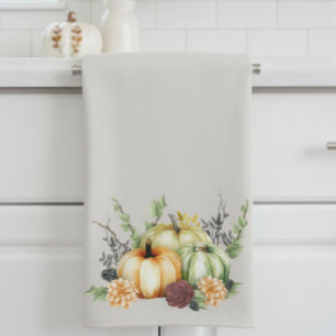 Green Watercolor Pumpkin Gold Dots Autumn Tea Towel