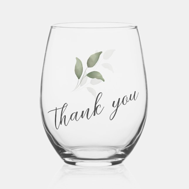 Green Watercolor Script Thank You Wedding  Stemless Wine Glass (Front)