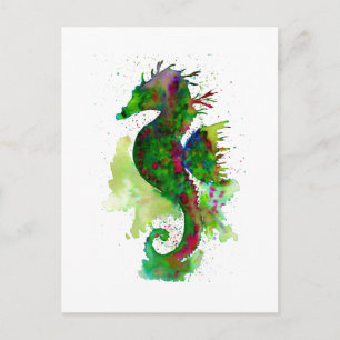 Green Watercolor Seahorse Postcard
