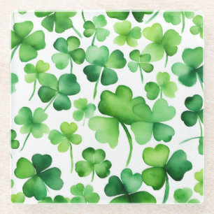 Green Watercolor Shamrock Glass Coaster