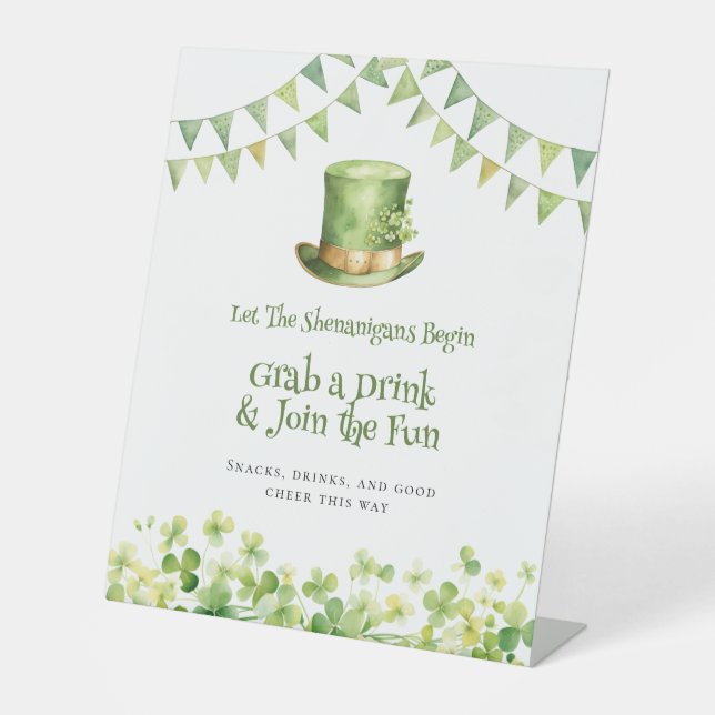 Green Watercolor Shamrock Irish Party Welcome Pedestal Sign (Front)