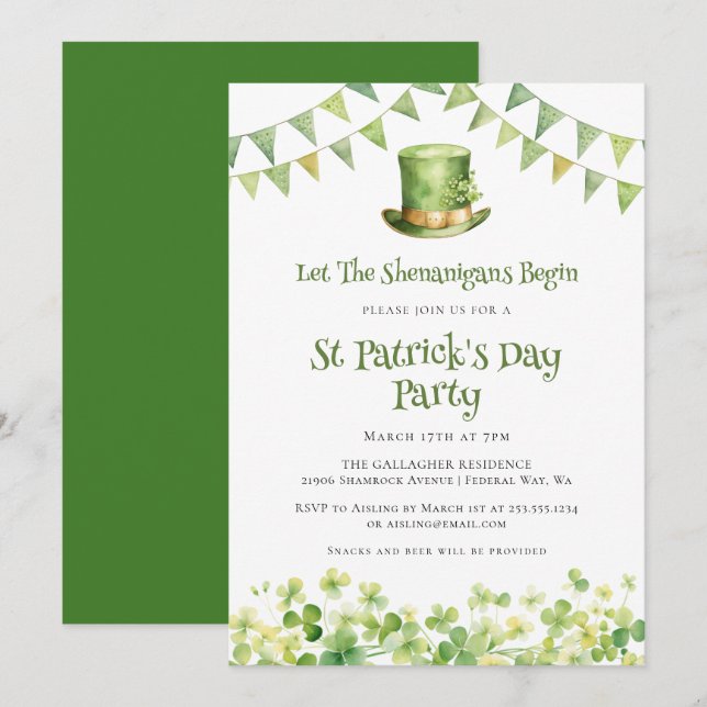 Green Watercolor Shamrock St Patrick's Day Party Invitation (Front/Back)