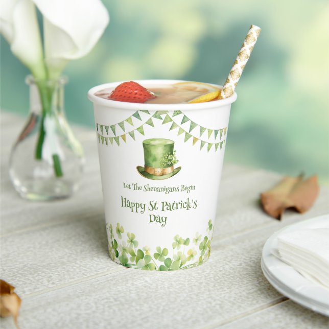 Green Watercolor Shamrock St Patrick's Day Party Paper Cups (Insitu)