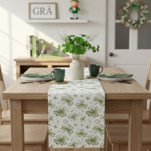 Green Watercolor Shamrocks Irish St. Patrick's Day Short Table Runner