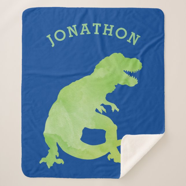 Green Watercolor Silhouette Dinosaur Kids Blue Sherpa Blanket (Front)