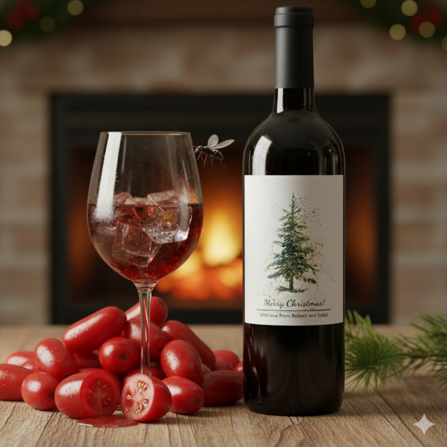 Green Watercolor Spruce Merry Christmas White Wine Label (Creator Uploaded)