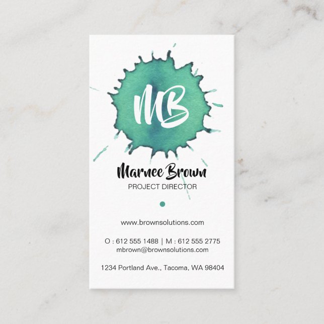 Green Watercolor Stain - Monogram Business Card (Front)