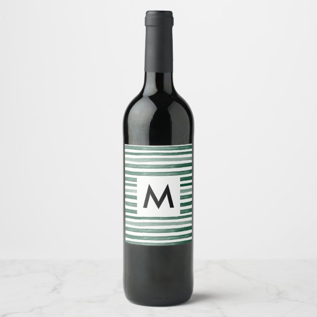 Green Watercolor Stripe Monogram Wine Label (Front)