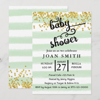Green Watercolor Stripes Baby Shower Invitation
