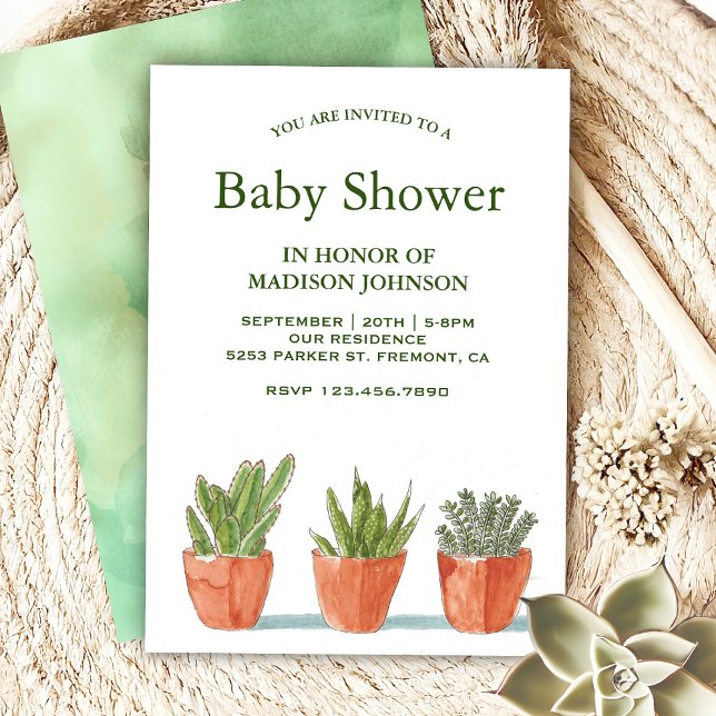 Green Watercolor Succulents Baby Shower Invitation (Creator Uploaded)