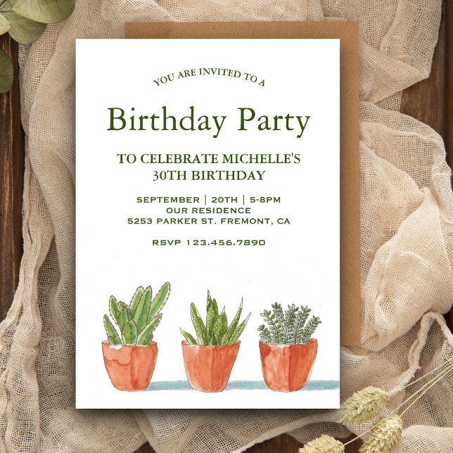 Green Watercolor Succulents Birthday Party Invitation (Creator Uploaded)